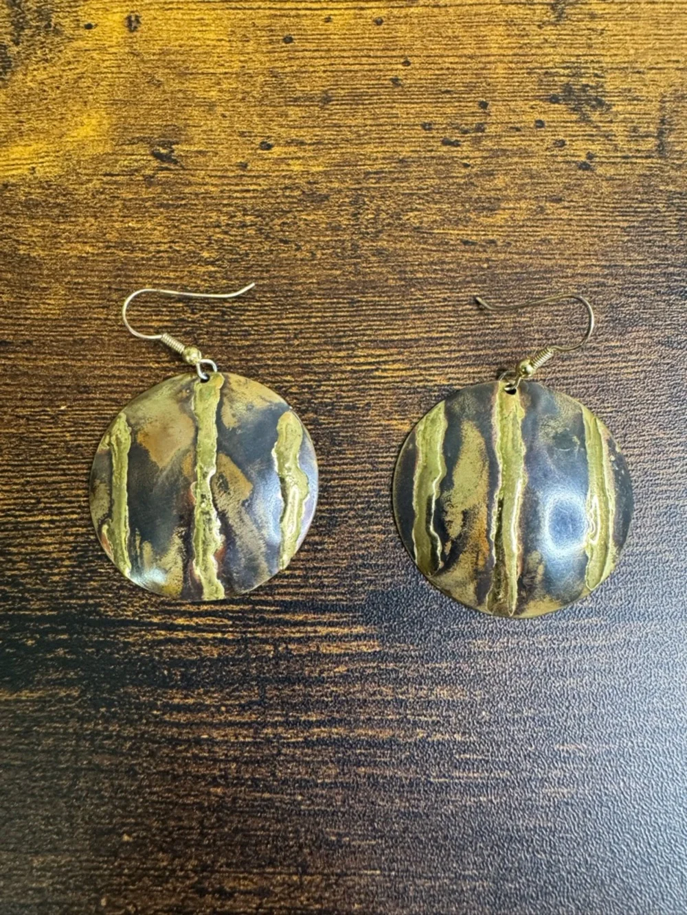 🍄Hand Crafted Gold Textured Round Drop Earrings - Copper and Brass - Picture 3 of 8